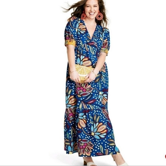 Tabitha Brown Blue Floral Polk Dot Maxi Dress Size Small - Picture 10 of 10